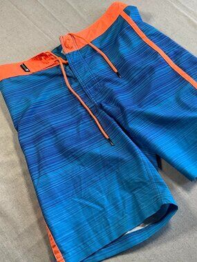 Mens Veece Blue Orange Beach Pool Party Stretch Bright Swim Trunks (Sz 30)